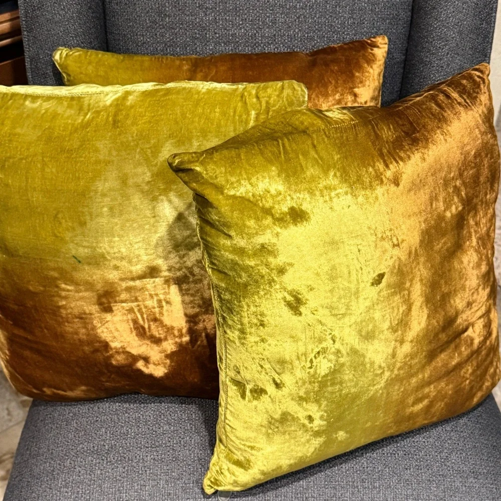 Pier One Velvet Two Color Green Brown Square Decorative Pillow Set
